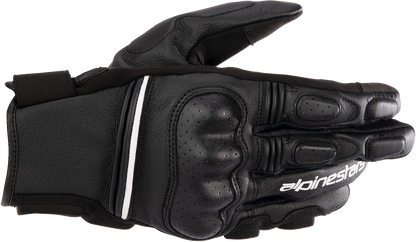 Alpinestars Phenom motorcycle gloves in black and white, 2XL size, featuring protective padding and durable synthetic leather.