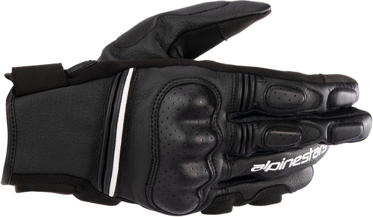 Alpinestars Phenom motorcycle gloves in black and white, 2XL size, featuring protective padding and durable synthetic leather.