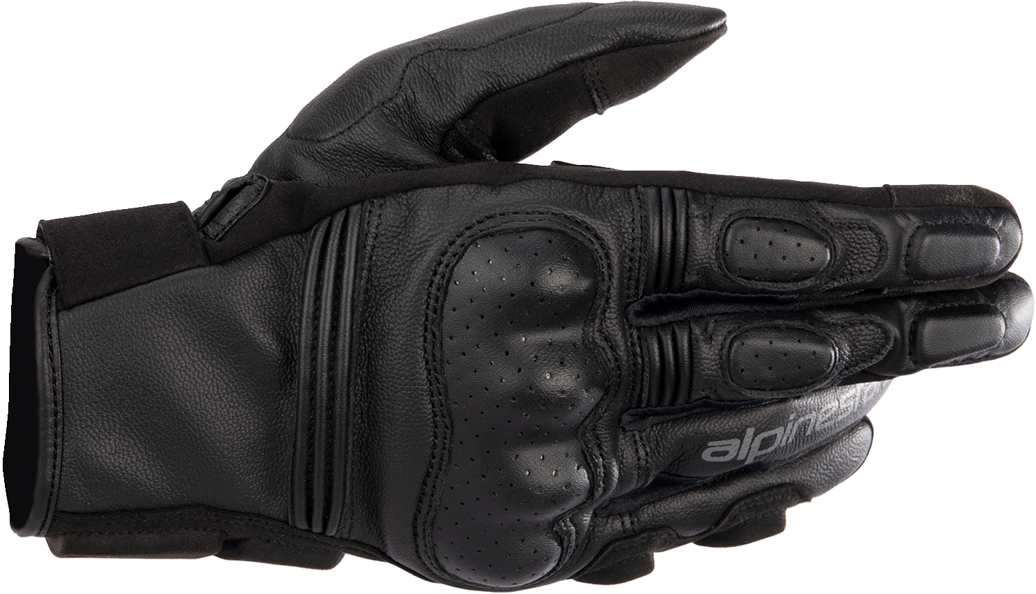 Alpinestars Phenom motorcycle gloves in black and black, medium size, featuring protective knuckles and secure wrist closure.