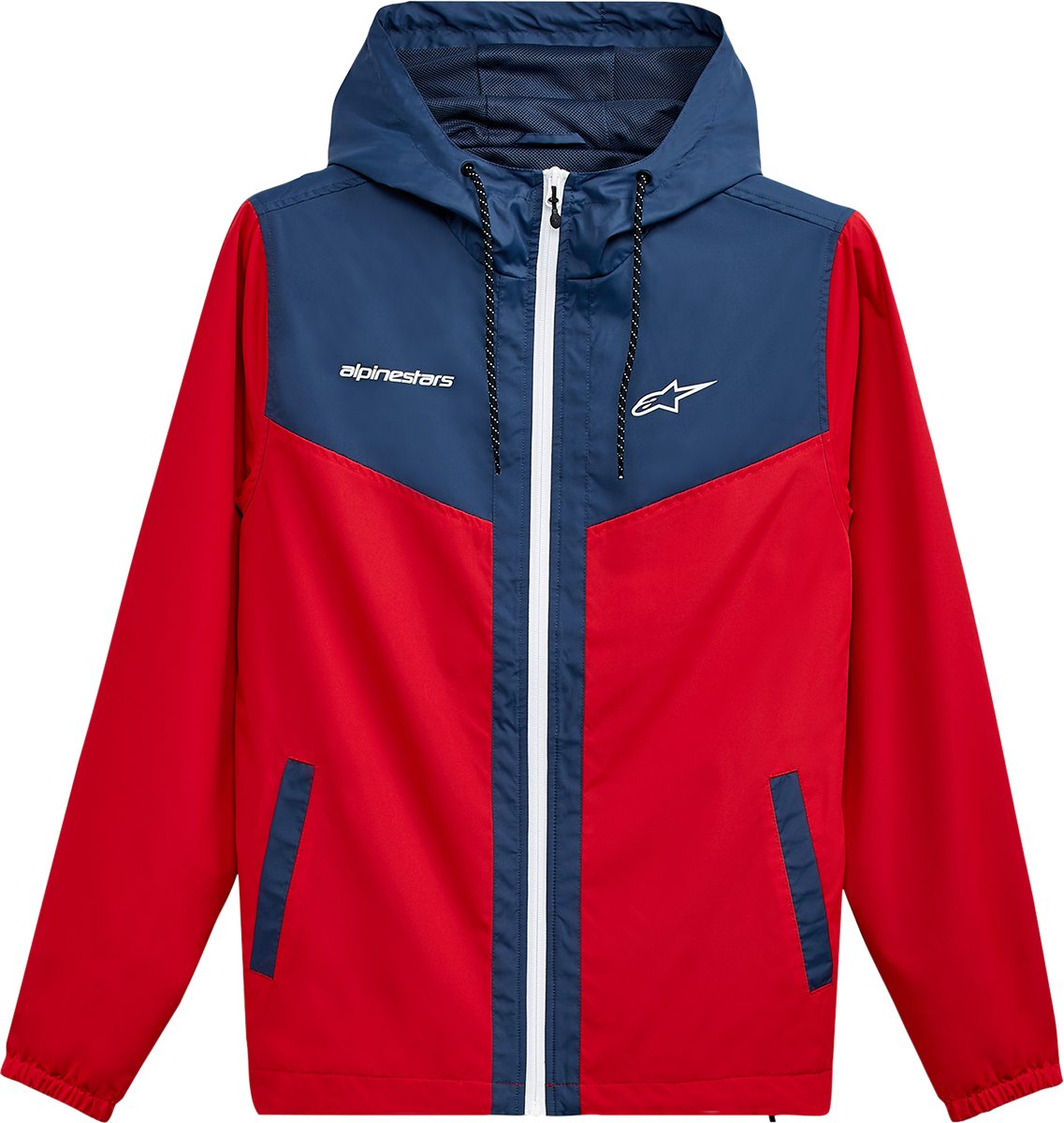 Alpinestars Plex jacket in red and navy, lightweight windbreaker with DWR coating, size XL, shown on a hanger.