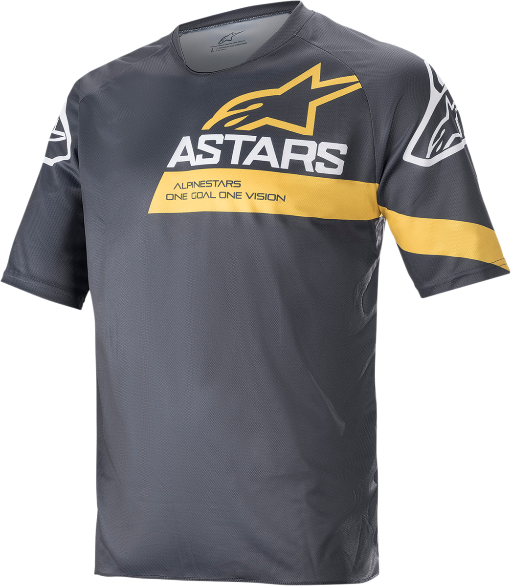 Alpinestars Racer V3 short-sleeve motorcycle jersey in anthracite and sulphur yellow, large size, with sporty design and branding.