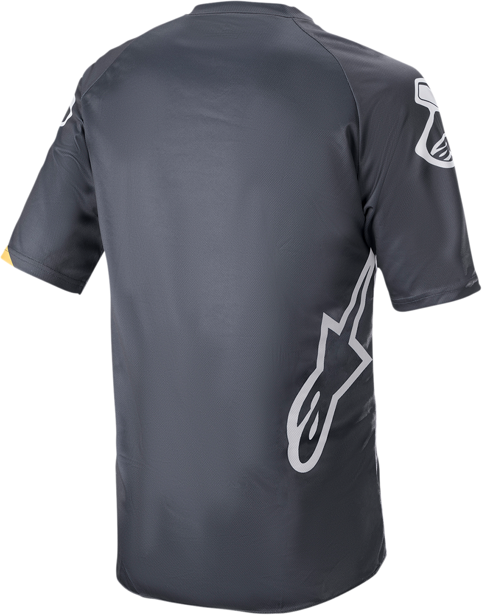 Alpinestars Racer V3 short-sleeve motorcycle jersey in anthracite and sulfur yellow, large size, with logo and sporty design.