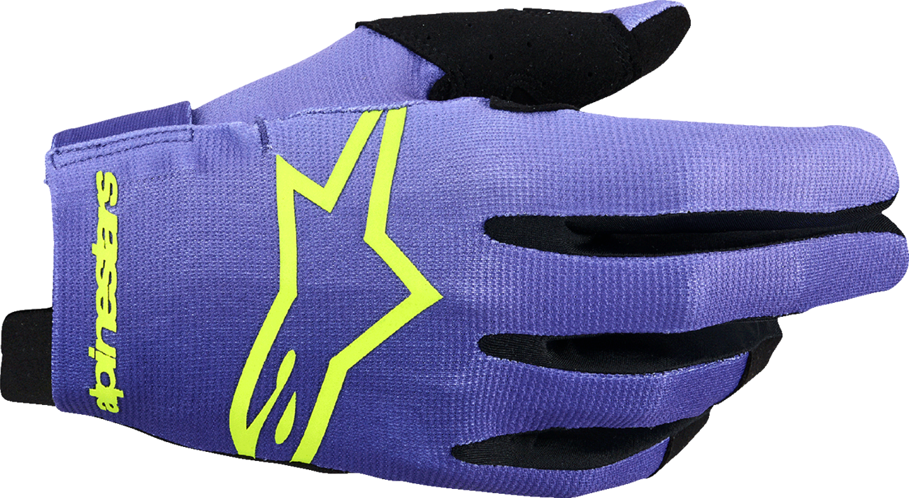 Alpinestars Radar Gloves 2XL in purple and fluo yellow with reinforced palms for motorcycle and bike control.
