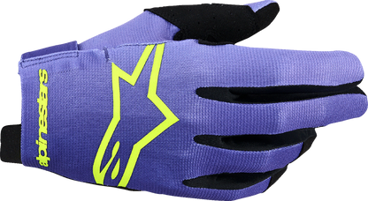 Alpinestars Radar Gloves 2XL in purple and fluo yellow with reinforced palms for motorcycle and bike control.