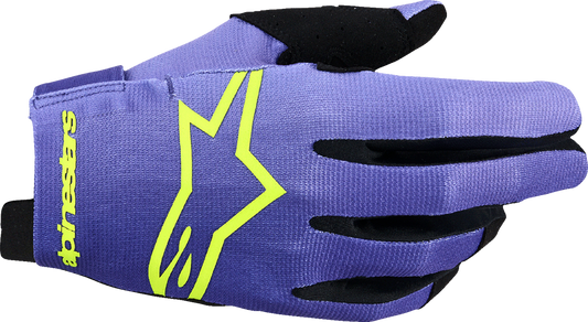 Alpinestars Radar Gloves 2XL in purple and fluo yellow with reinforced palms for motorcycle and bike control.