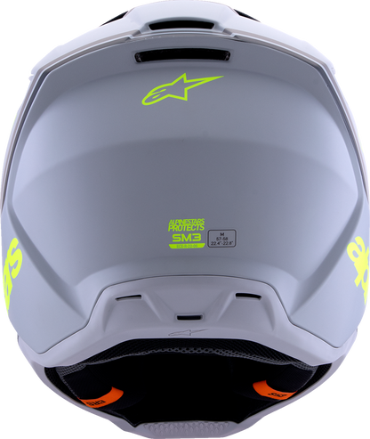 Alpinestars SM3 helmet in matte gray, black, and yellow fluo, lightweight offroad and MX protection for motocross riding.