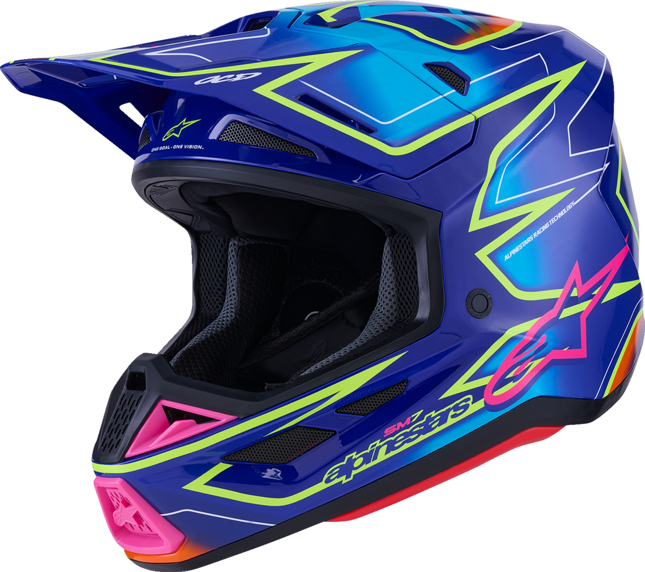 Alpinestars SM7 off-road racing helmet in gloss blue, pink, yellow fluo with superior ventilation and impact protection, 2XL size.