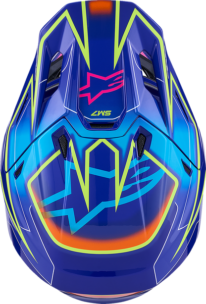 Alpinestars SM7 off-road racing helmet in gloss blue, pink, yellow fluo with impact protection and superior ventilation.