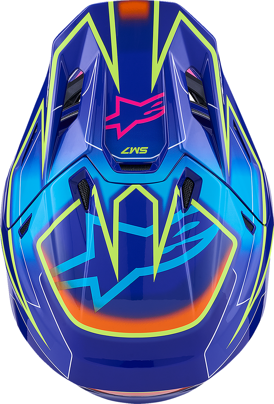Alpinestars SM7 helmet in cast gloss blue, pink, and yellow fluo with large size and aerodynamic design.