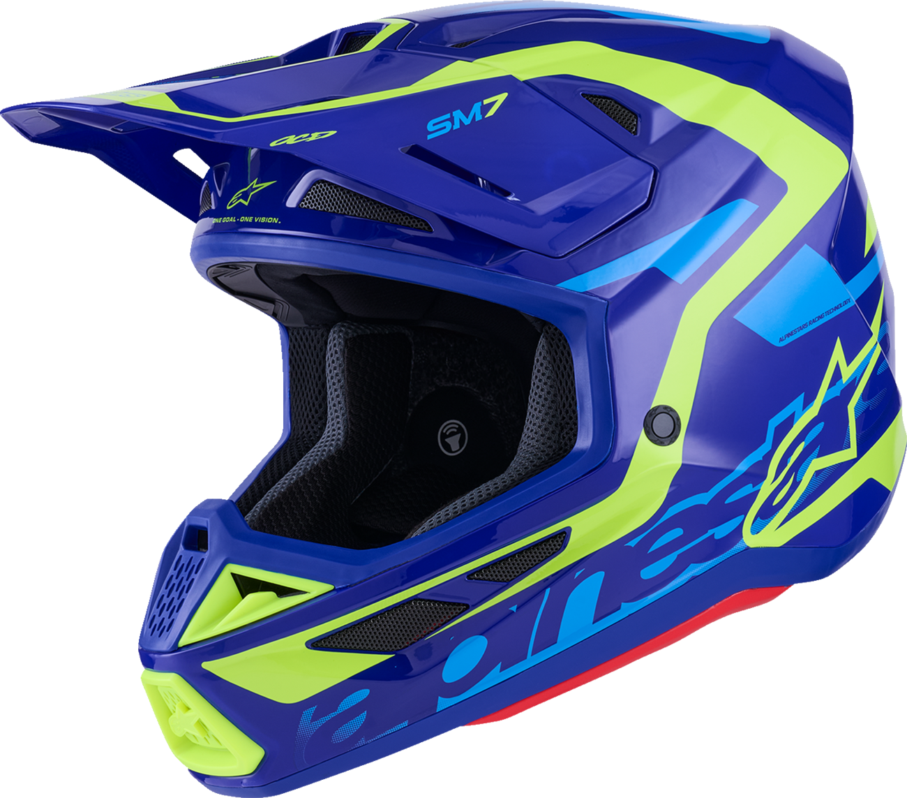 Alpinestars SM7 helmet in deed gloss blue and yellow fluo, large size, featuring aerodynamic design and ventilation vents.