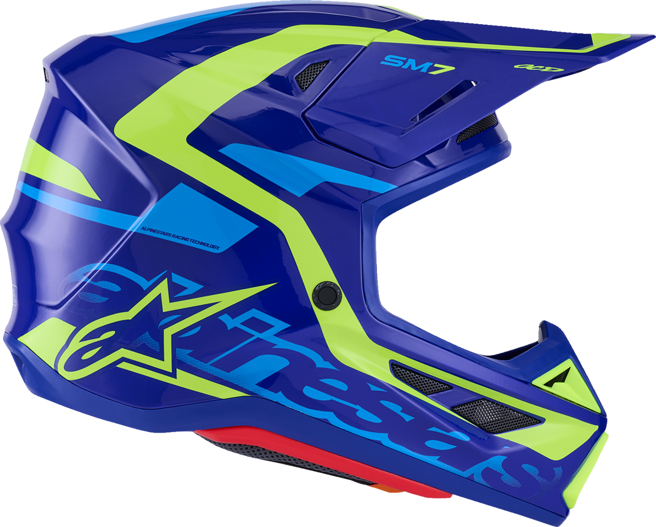 Alpinestars SM7 helmet in Deed Gloss Blue and Yellow Fluo with small size, featuring a sleek aerodynamic design and ventilation vents.
