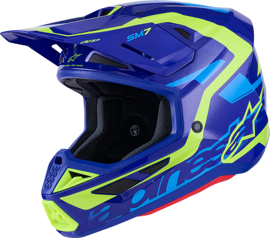 Alpinestars SM7 helmet in gloss blue and yellow fluo with XL size, featuring aerodynamic vents and sleek racing design.