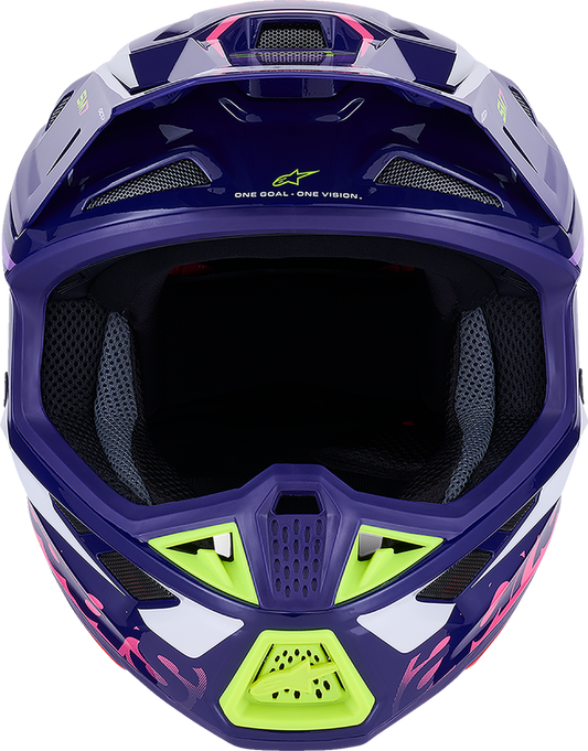 Alpinestars SM7 helmet in Deed Gloss Purple and Pink with medium size, featuring a sleek helmet design and branding.