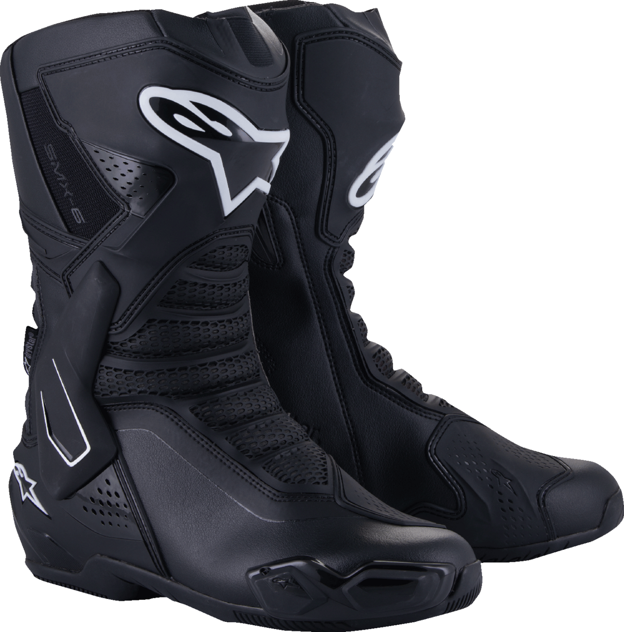 Alpinestars SMX-6 V3 Drystar motorcycle boots in black with US size 12.5 and EU 48, showing sturdy construction and protective features.