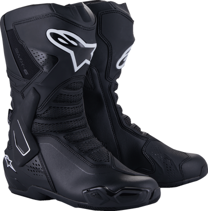Alpinestars SMX-6 V3 Drystar motorcycle boots in black with US size 12.5 and EU 48, showing sturdy construction and protective features.