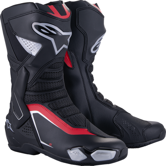 Alpinestars SMX-6 V3 motorcycle racing boots in black, silver, and red with US 7.5 / EU 41 size, featuring protective design.