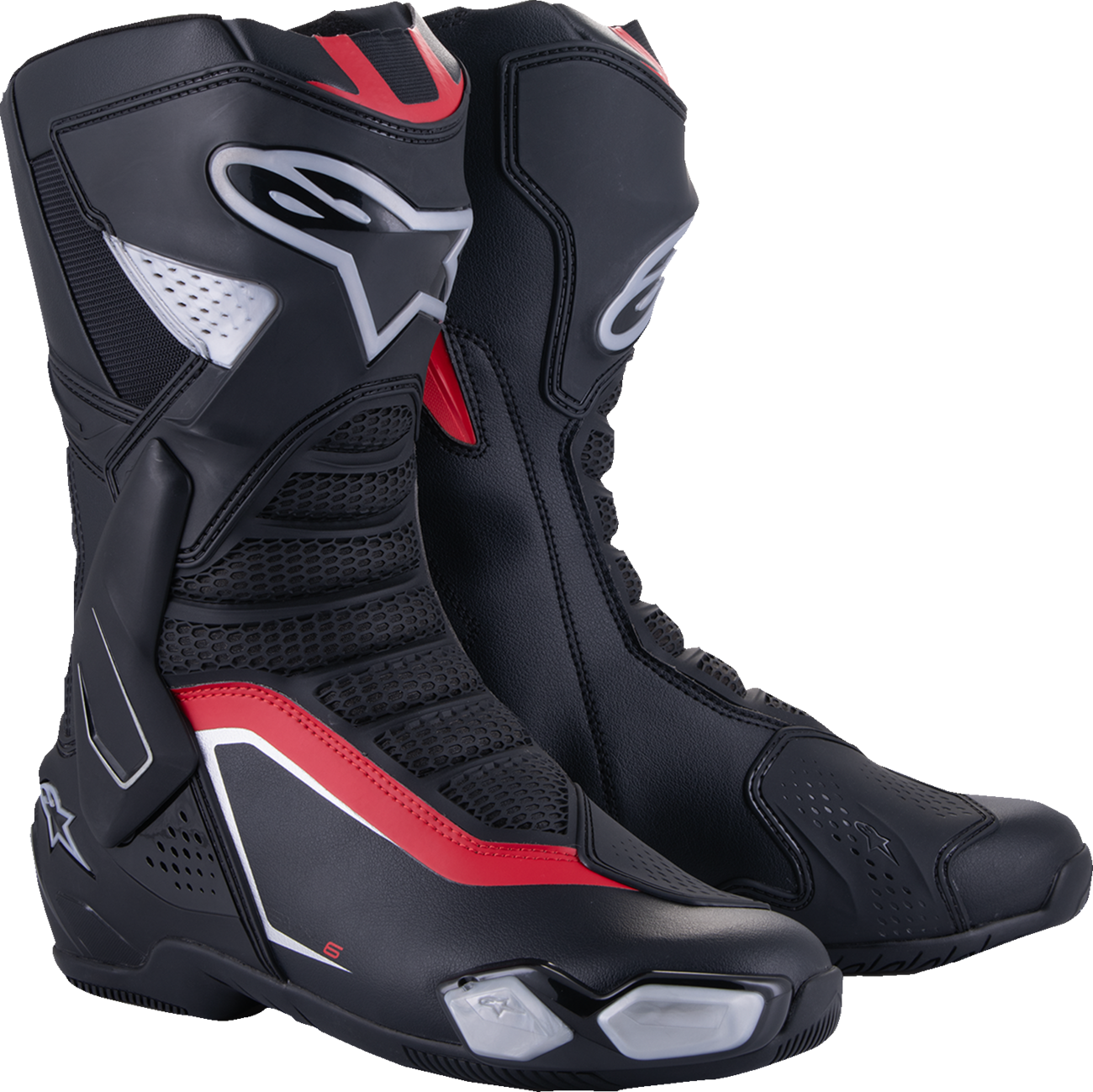 Alpinestars SMX-6 V3 motorcycle riding boots in black, silver, and red with US 12.5 size, showing durable leather and protective features.