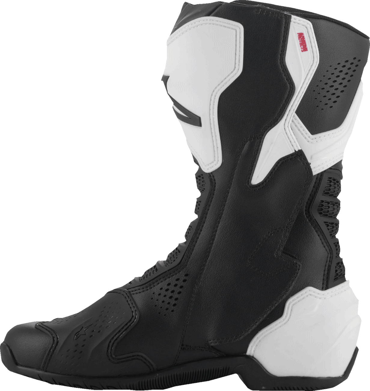 Alpinestars SMX-6 V3 vented motorcycle riding boots in black and white, US 8, with protective features for track and street riding.