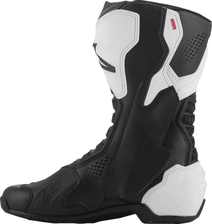 Alpinestars SMX-6 V3 vented motorcycle riding boots in black and white, US 8, with protective features for track and street riding.
