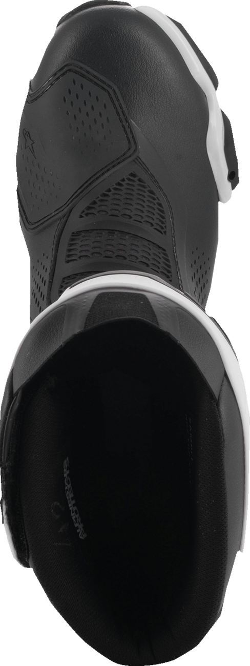 Alpinestars SMX-6 V3 vented motorcycle riding boots in black and white, US 8, designed for track and street riding.