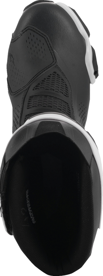 Alpinestars SMX-6 V3 vented motorcycle riding boots in black and white, US 8, designed for track and street riding.