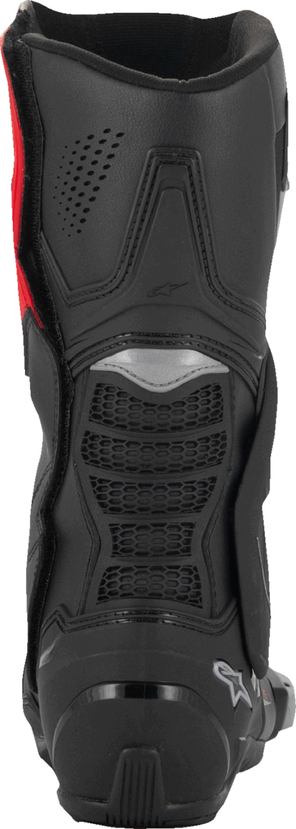 Alpinestars SMX-6 V3 vented motorcycle boots in black, silver, and red with reinforced ankle and sole design, size US 7.5 EU 41.