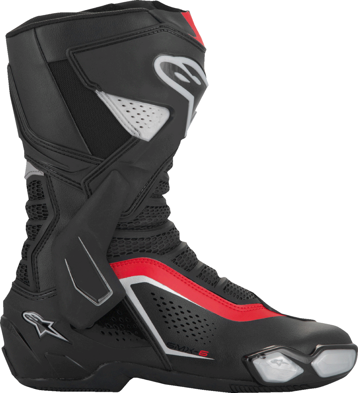 Alpinestars SMX-6 V3 vented motorcycle boots in black, silver, and red with ankle protection and breathable design.