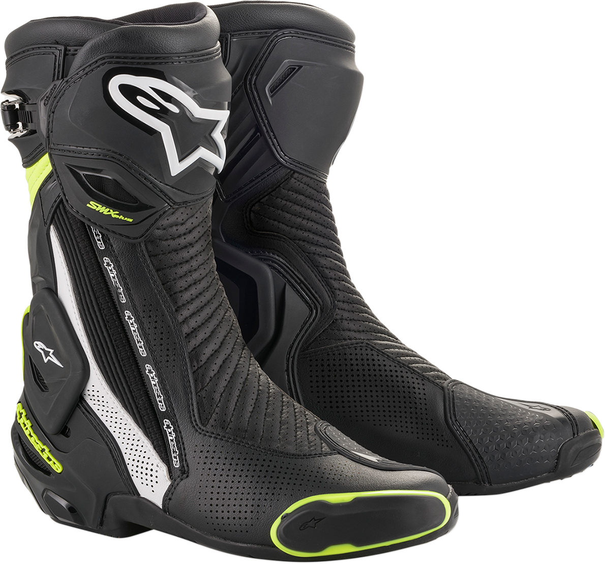 Alpinestars SMX Plus V2 vented motorcycle boots in black, white, and yellow with reinforced soles and ankle protection.