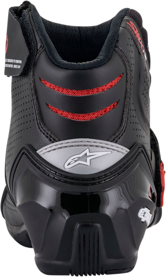 Alpinestars SMX1-R V2 motorcycle boots in black and red, US size 5, showing the protective design and sporty style.