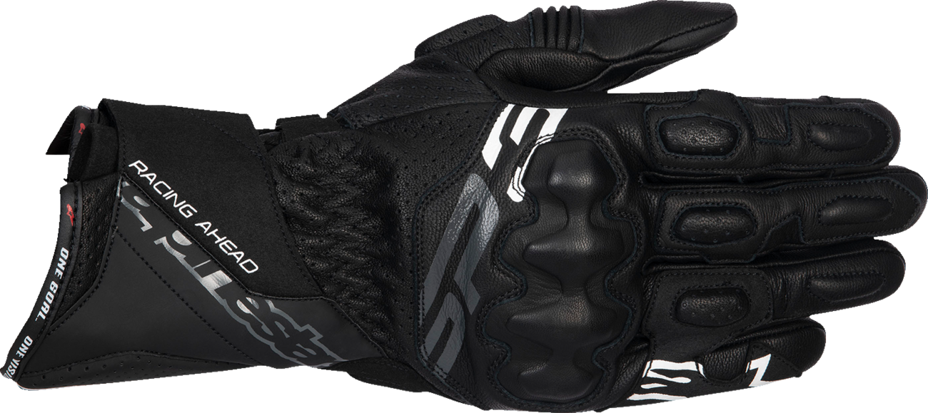 Alpinestars SP-3 motorcycle gloves in black with XL size, featuring protective knuckles and adjustable wrist straps.