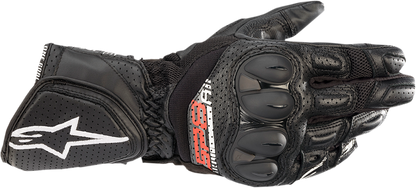 Alpinestars SP-8 V3 Air motorcycle gloves in black, size medium, with protective knuckles and breathable design.