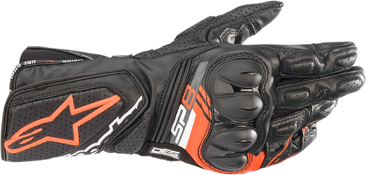 Alpinestars SP-8 V3 motorcycle gloves in black and fluo red with medium size, showing the protective design and branding.