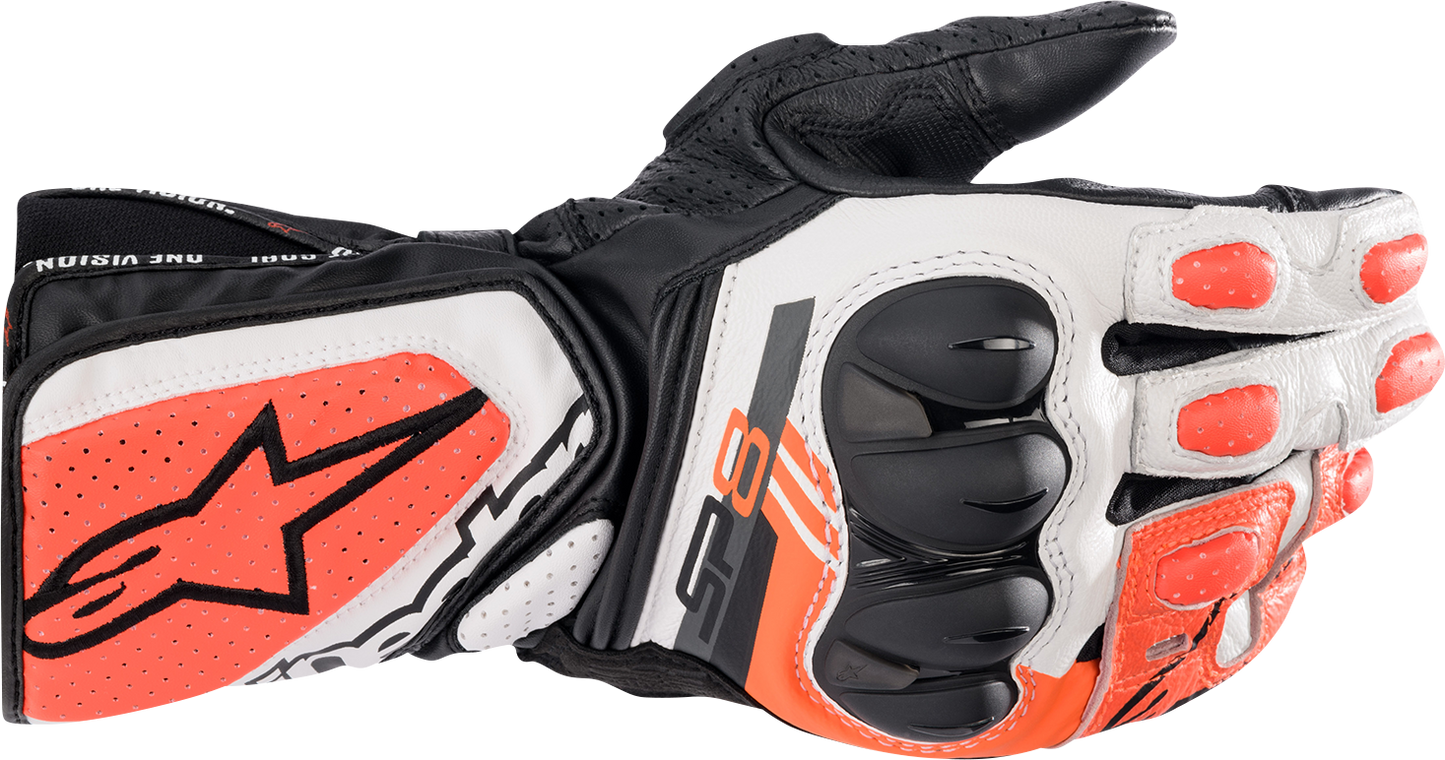 Alpinestars SP-8 V3 motorcycle gloves in black, white, and fluo red, size 3XL, showing protective design and branding.