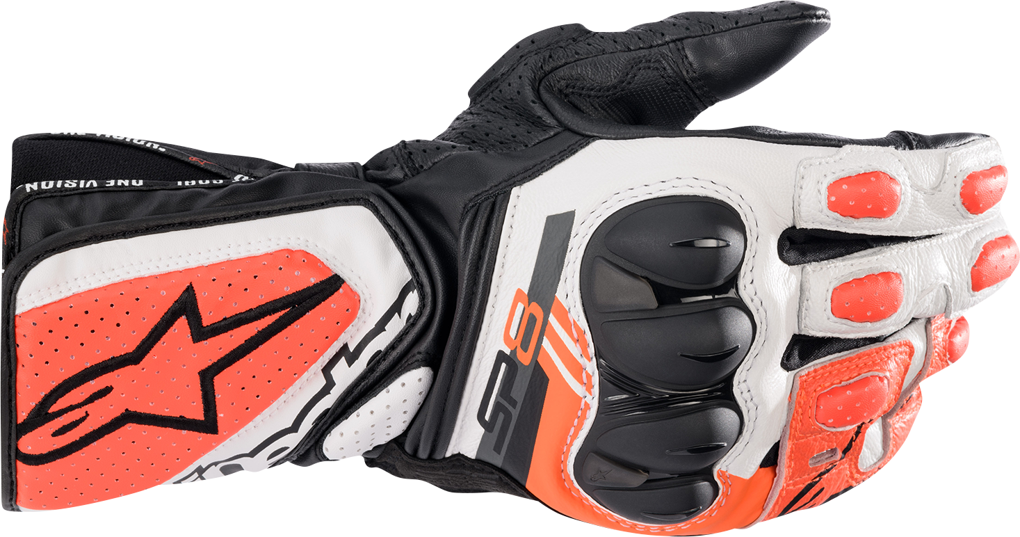 Alpinestars SP-8 V3 motorcycle gloves in black, white, and fluo red, size 3XL, showing protective design and branding.