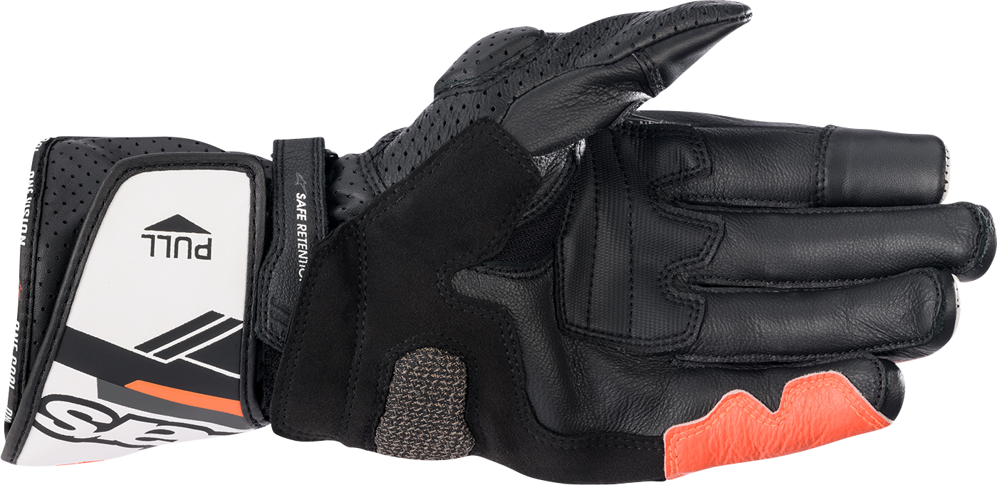 Alpinestars SP-8 V3 motorcycle gloves in black, white, and fluo red with 3XL size, showing reinforced knuckles and adjustable wrist strap.