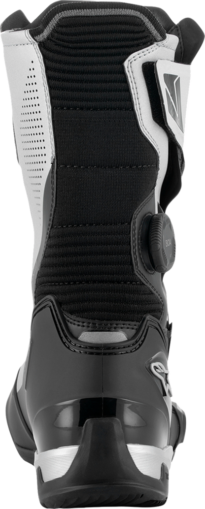 Alpinestars SP-X BOA motorcycle boots in black and silver, EU size 39, featuring protective design and sleek styling.
