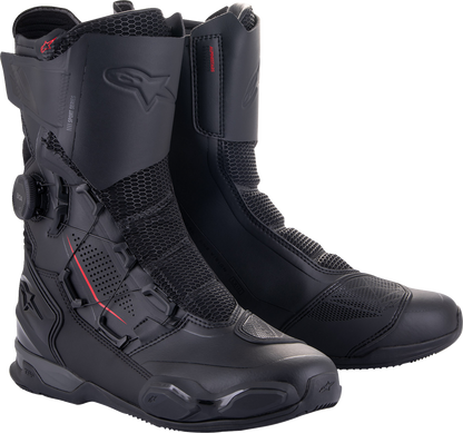 Alpinestars SP-X BOA motorcycle boots in black with advanced protection and comfort, EU size 45, shown from the side view.