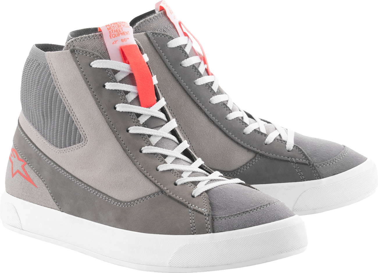 Alpinestars Stated motorcycle shoes in gray, red, and white with durable leather and mesh, US 11.5 / EU 45, for riding comfort