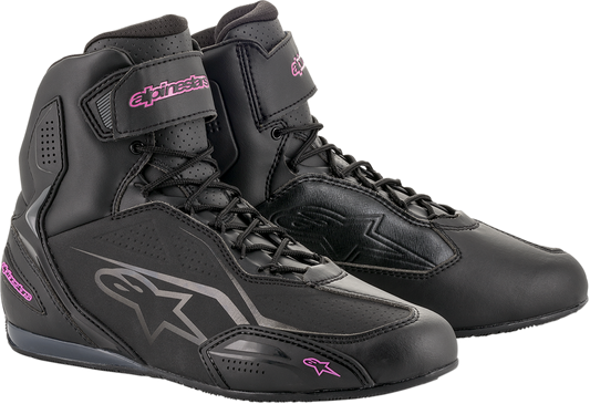 Alpinestars Stella Faster-3 women's motorcycle shoes in black and pink with side zippers and sporty design.