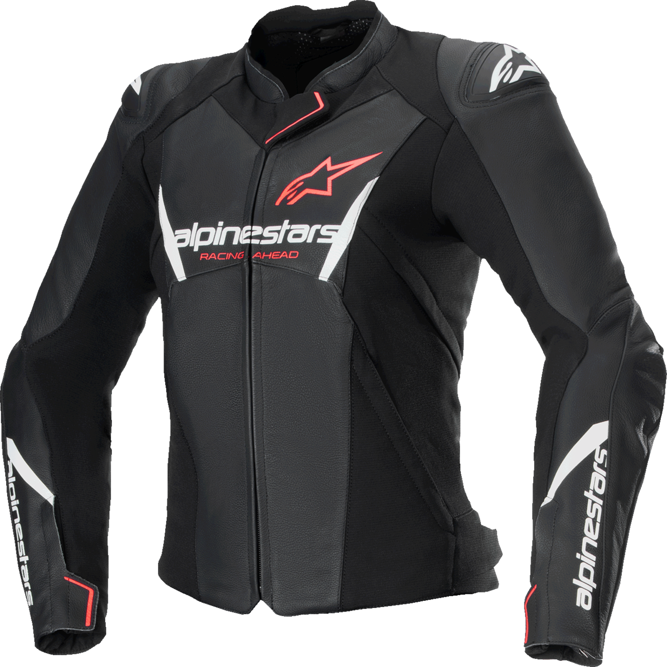Alpinestars Stella Faster v3 leather motorcycle jacket in black, white, fluo, and coral with US size 2, displayed on a mannequin.