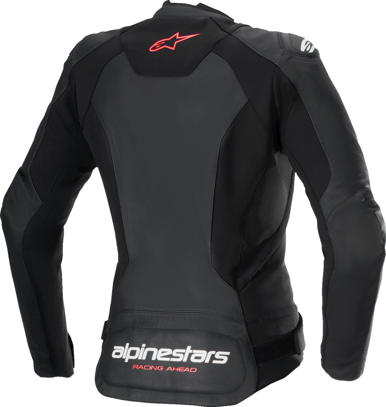 Alpinestars Stella Faster v3 leather motorcycle jacket in black, white, fluo, and coral, US size 2, displayed on a hanger.
