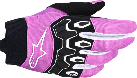 Alpinestars Stella Full Bore V2 gloves in medium violet, white, and black with protective knuckles and adjustable wrist strap.