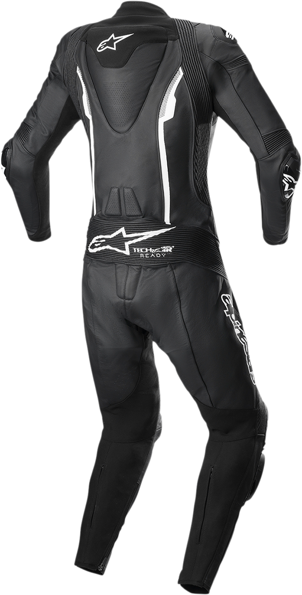 Alpinestars Stella Missile v2 women's 1-piece leather motorcycle suit in black and white, US size 10, EU 46, on a mannequin.