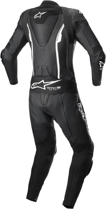 Alpinestars Stella Missile v2 women's 1-piece leather motorcycle suit in black and white, US size 10, EU 46, on a mannequin.