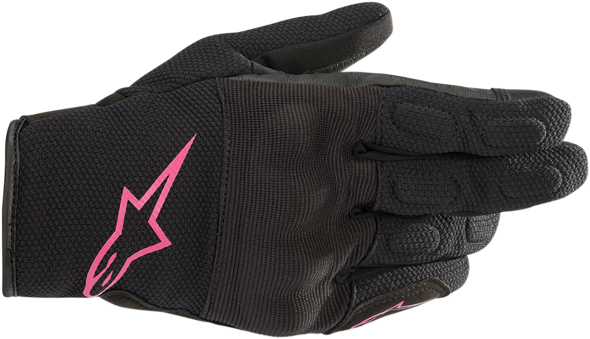 Alpinestars Stella S-Max Drystar gloves in black and fuchsia, medium size, with a textured palm and adjustable wrist strap.