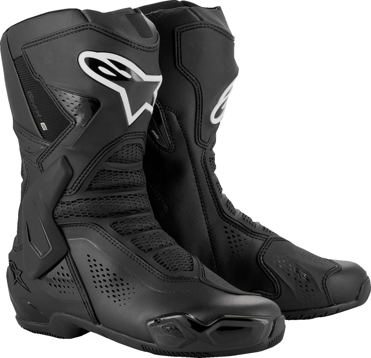Alpinestars Stella SMX-6 V3 Vented Motorcycle Boots in black, US 8.5, showing the sleek design and vented panels.