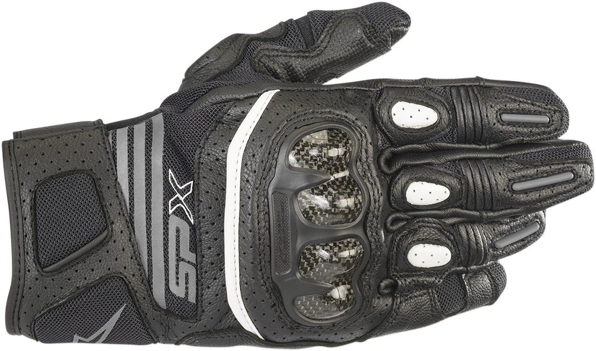 Alpinestars Stella SPX Air Carbon V2 gloves in black and anthracite, showing the textile and carbon fiber details for racing or riding.