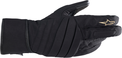 Alpinestars Stella SR-3 V2 Drystar women's black motorcycle gloves in large size, showing the textured leather and protective features.
