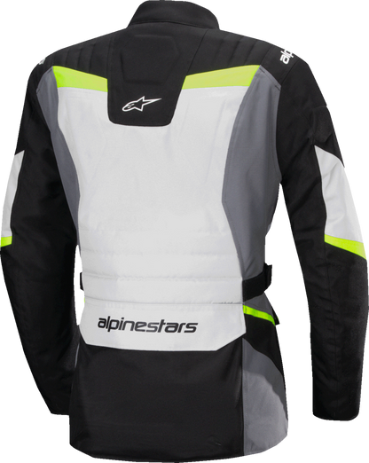 Alpinestars Stella ST-1 waterproof motorcycle jacket in ice gray, black, and yellow fluo, medium size, with protective features.