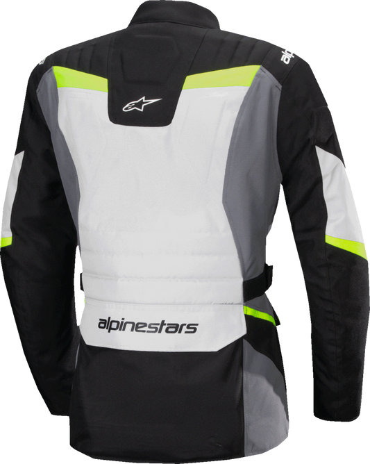 Alpinestars Stella ST-1 waterproof motorcycle jacket in ice gray, black, and yellow fluo, medium size, with protective features.